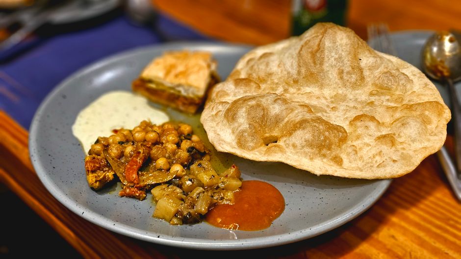 A Goan thali laid out on the table